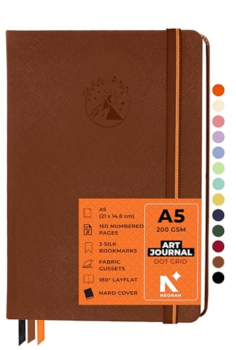 Image of NEORAH - A5 - ART JOURNAL | 200Gsm Dotgrid Notebook |160 Pages(21.0 x 14.8 cm) | Lay Flat |Hard Cover Bullet - Journal |3 Bookmarks |Elastic Closure | Inner BackPocket | Ideal-Bujo,Sketchbook (BROWN)