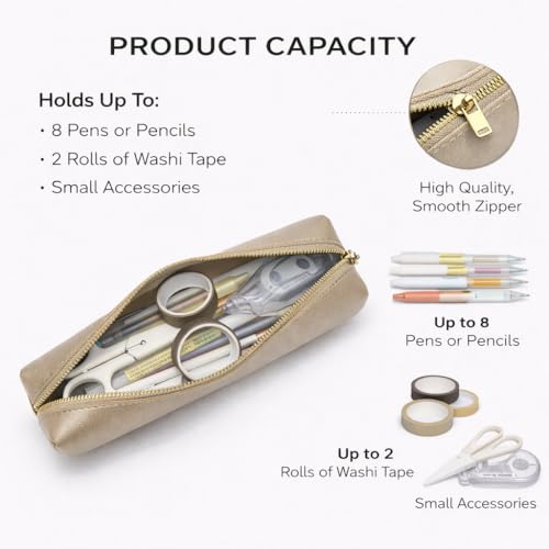 Image of Faux Leather Color Pencil Case Multifuncional and Simple with Zipper for School (Pearl White Tea)