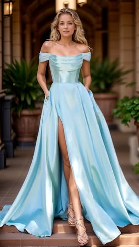 Women's Satin Prom Dresses with Slit Strapless A Line Corset Ball Gowns Off Shoulder Formal Evening Gowns with Pockets3