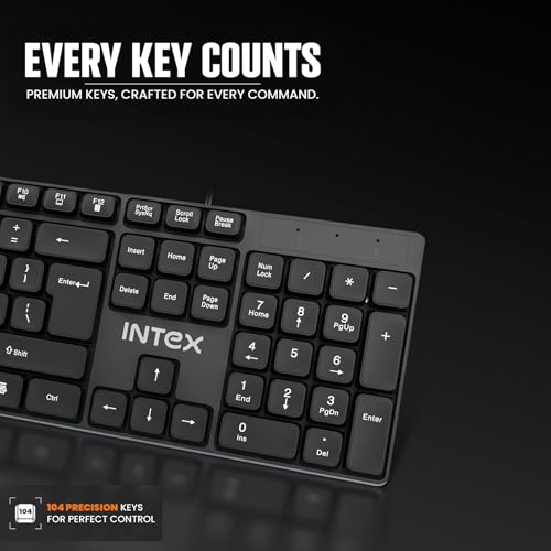 Image of Intex Rise Wired Keyboard (Corona S IT-KB333) | USB Plug & Play | 104 Premium Keys | 5 Million Keystroke Lifespan | Anti-Splash Design | Adjustable Height | 1.2 Meter Cable Length | Black
