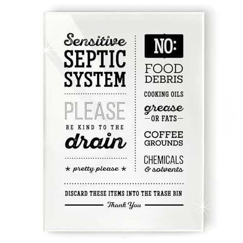 Reilly Originals 5x7 Inch Sensitive Septic System Please Be Kind to the Drain Designer Kitchen Sign ~ Ready to Stick Lean or Frame ~ Premium Finish Durable