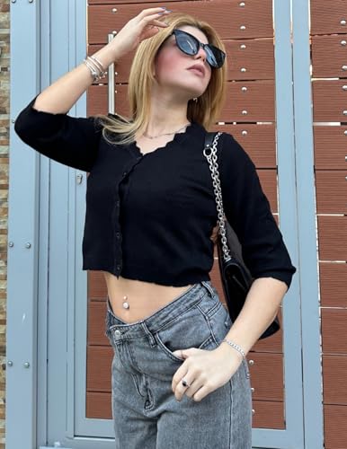 Image of Women Crop Cardigan Sweaters Lightweight 3 /4 Sleeve Button Up Crochet Shrug | Textured Bolero For Dresses Dressy Casual, V Neck, Ladies Eyelet Shawl Thin Trendy