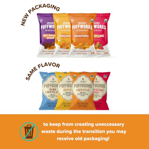 Puffworks Four Flavor Variety Pack Organic Peanut Butter Puffs (Original, Pbj, Dark Chocolate, Honey), Plant-Based Protein Snack thumb #1