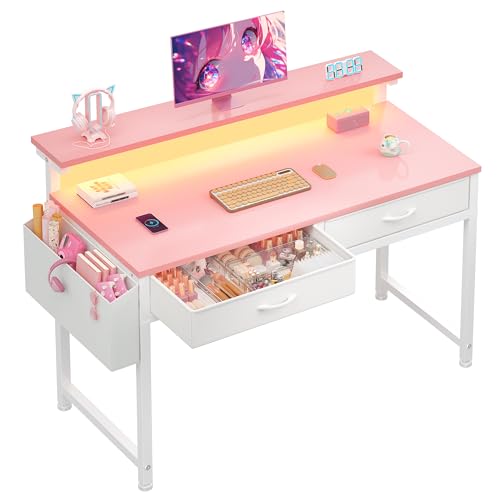 DurayLoly 31Inch Small Computer Desk with LED Lights & 2 Fabric Drawers Gaming Desk with Side Pocket & Ergonomic Monitor Stand Small Space Study Writing Table with Anti-Tip Design Pink