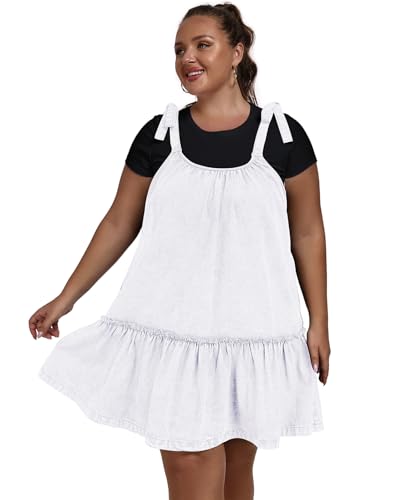 Image of Denim Dress for Women Tie Shoulder Sleeveless Denim Mini Dress Casual Flowy Babydoll Dress Wash Jean Dress