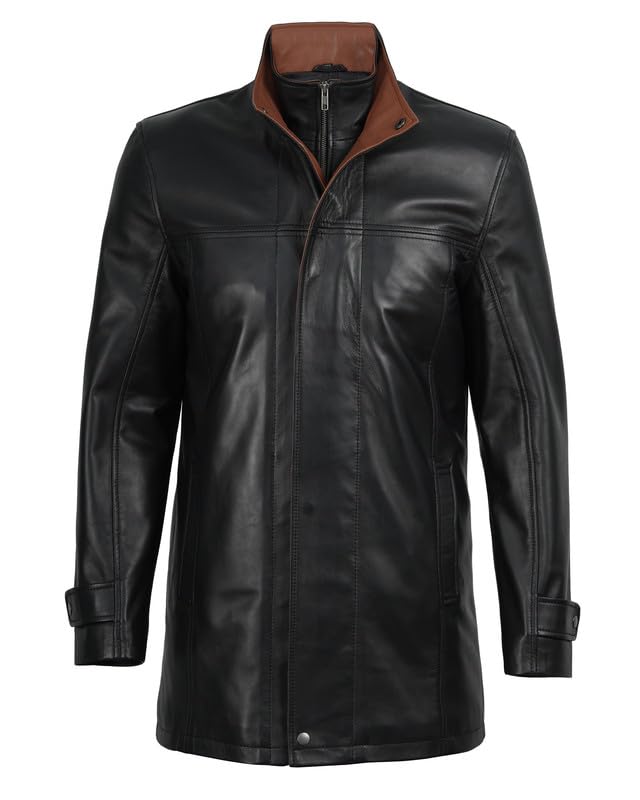 Image of Blingsoul Real Lambskin Long Leather Jacket Men - Mid-Length Mens Leather Coat