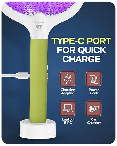Image of Weird Wolf 2-in-1 Mosquito Killer Racket with UV Light, Base Stand | 1800mAh Lithium Battery | Electric Mosquito Bat with Auto & Manual Mode | Type-C Charging | 6 Months Warranty (Green White)