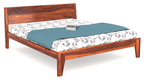 Image of Sheesham Wood Queen Size Bed Without Storage Solid Wood Cot Palang Furniture Wooden Double Bed for Bedroom Living Room (Honey Finish)