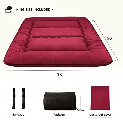 Image of MAXYOYO Japanese Floor Mattress Futon Mattress Thicken Tatami Mat Sleeping Pad Roll Up Mattress Floor Lounger Mat Folding Couch Mattress Pad for Guest Room, Burgundy, King Size