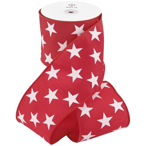 MEEDEE 4 Inch Patriotic Dupioni Wired Ribbon 10 Yards Red Ribbon with White Stars Wide 4th of July Ribbon for Wreath Big Bow Gift Wrapping Indoor & Outdoor Decor Memorial Day & Americana Dcor