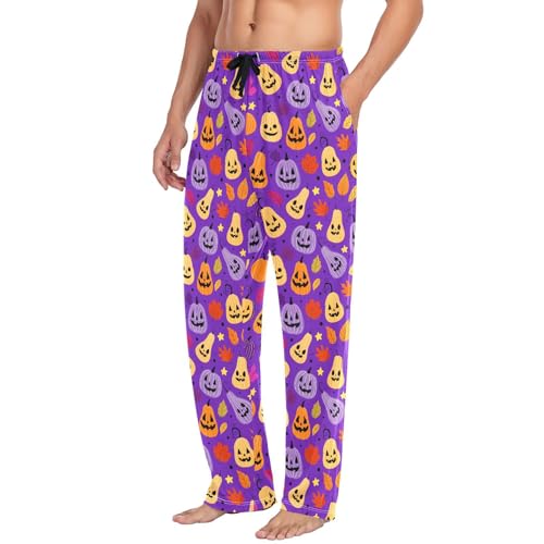 Halloween Pumpkin Purple Men's Pajama Pants Cotton Sleep Bottoms with Drawstring A23044503