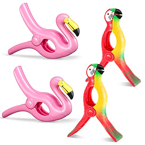 4 Pieces Beach Towel Clip Jumbo Size Chair Clips Towel Holder Clothes Pegs Christmas Stocking Clamp for Cruise Patio Pool Holiday Vacations(Parrot, Flamingo,Red, Pink)