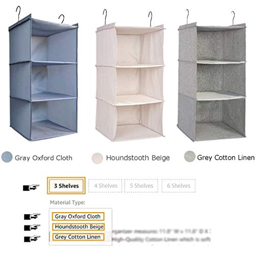 Donyeco Hanging Closet Organizer, Easy Mount Foldable 3-Shelf Hanging Closet Wardrobe Storage Shelves, Clothes Handbag Shoes Accessories Storage, Houndstooth Imitation Linen Fabric, Beige #TOP7