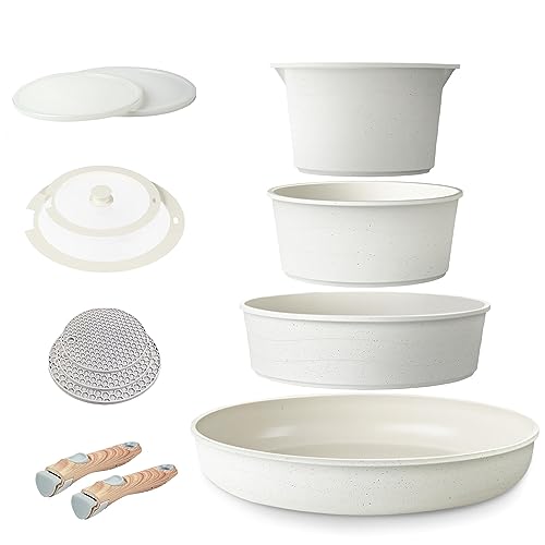 RIOVARM Inducción Juego de ollas y sartenes con asas Desmontables, Apilable Antiadherente Granito Sartenes y ollas con Tapas, Ahorro de espacio, Juegos de sartenes, Sin PFOA, Sartén