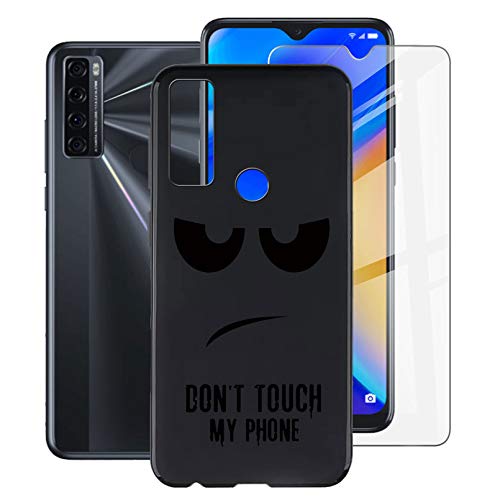 HHUAN Phone case for TCL 20 SE (6.82") with 1 Tempered Glass Screen Protector, Ultra-Thin Black Soft Silicone TPU Bumper Cover Shell, Full Protection Against Shock and Scratch - DUO5