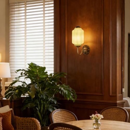 Vintage Milk Glass Wall Sconce, H15" Hardwired Green Glass Sconce with Gold Carved Metal, Antique Bronze Retro Wall Lamp for Bedroom, Bathroom, Living Room, Hallway, E12 Bulb Warm Light (Green 1Pack) by eccuslon - Used condition - Image 5