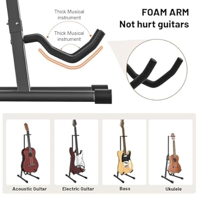 GLEAM Adjustable Folding Guitar Stand, A-style with Neck Holder, Fully Assembled for School Music Program, Concerts & Multiple Users, Black, Fit Guitar Bass Ukulele and Banjo