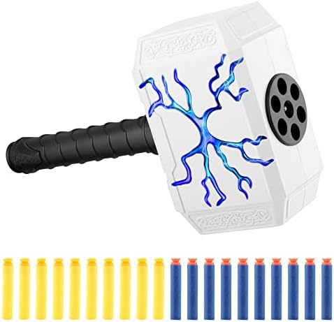 Thor Blaster Hammer Toy Gun - Foam Bullet Blasters Electric Thunder Mjolnir Hammer with Light and 20 Suction Tips Darts Shooting Games Roleplay Super Hero Toys for 3+ Year Old Kids Boys Girls Gift