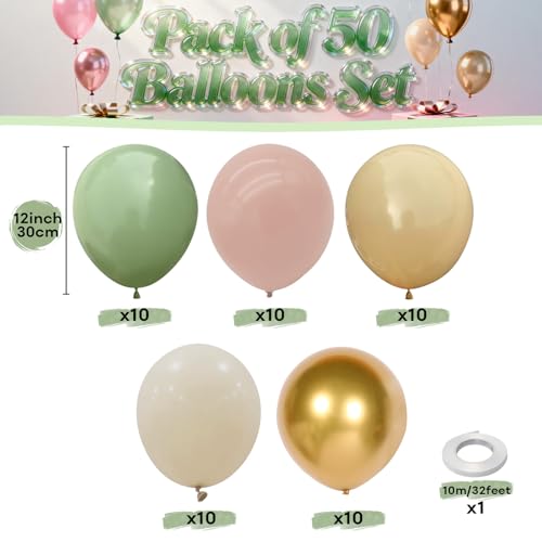 Image of Pink and Green Balloons Sage Green Dusty Light Pink Gold Balloons Olive Blush Beige Apricot Nude White Sand Metallic Gold Balloon for Girls Boho Bloom Bridal Baby Shower Birthday Party Decorations