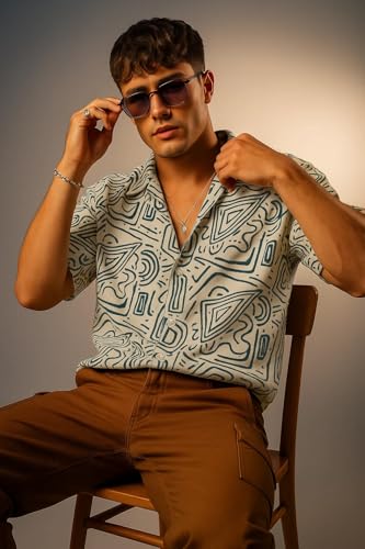 Image of Veirdo Poly Cotton Oversized Loose Baggy Fit Drop Shoulder Cool and Stylish Abstract Print Men Camp Collar Shirt