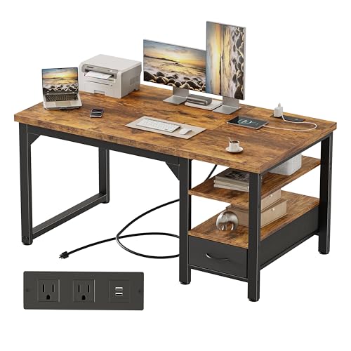 Image of Mericonia 54 inch Computer Desk with Drawer, 1.2 inch Thick Reversible Office Desk | Modern Writing Table with Power Outlets & Storage Shelves, Heavy Duty Industrial Executive Desk for Home Bedroom Study Work