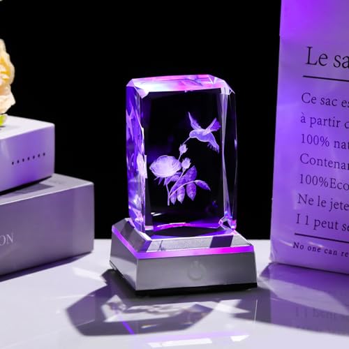 Image of Ornalrist Rose Hummingbird Gifts for Women Crystal 3D Engraved with LED Light Base, Rose and Hummingbird Figurines Rose Gifts Hummingbird Decor for Home Office