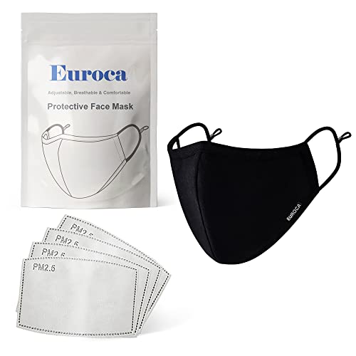 Euroca – Cloth Face Mask, 3 Layers Cotton Face Masks, Adjustable Face Mask Set, Face Masks Reusable & Washable, Face Mask With PM2.5 Filter Sheets (1 Pack Man Black)