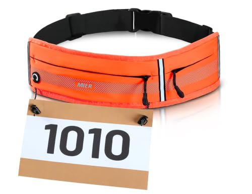 MIER Running Belt for Women & Men, Fanny Pack with Marathon Bib Clip Orange