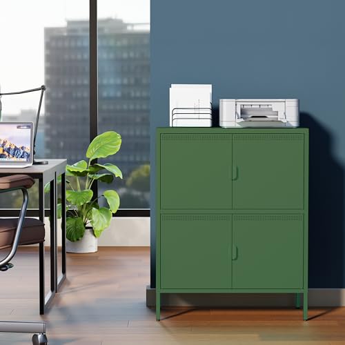 Bevivog Green Metal Locker Cabinet with 4 Doors, Metal Accent Cabinets Home Office Storage Lockers Sideboard for Kitchen Living Room Hallway Entryway