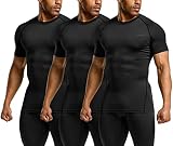 TSLA Men's UPF 50+ Quick Dry Short Sleeve Compression Shirts, Athletic Workout Shirt, Water Sports Rash Guard, Core Tops 3pack Jet Black, Large