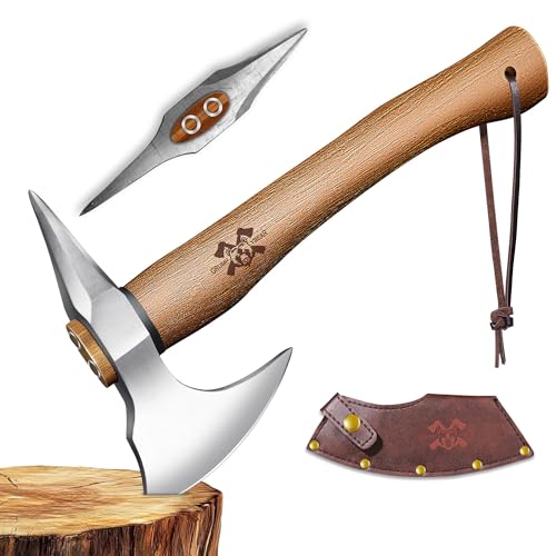 Grumpy Bear 15" Survival Axe Camping Hatchet – Forged High Carbon Steel Blade with Walnut Wood Handle – Anti-Slip Grip – Ideal for Bushcraft, Wood Splitting & Outdoor Adventures Silver Wood