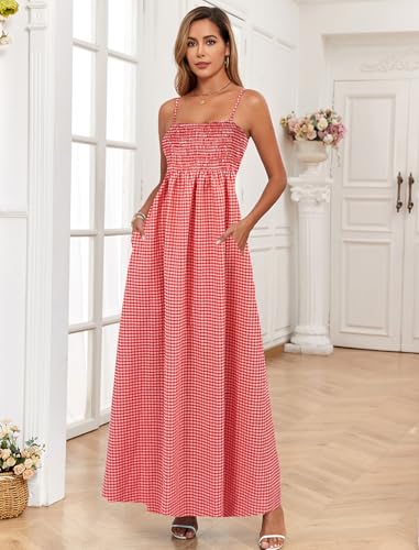 Image of Women Detachable Strap Beach Dress Strapless Smocked Pockets Maxi Dress | Removable Straps Flowy Swing A Line Maxi Beach Dress Boho Vacation Casual Smocked Strapless Beach Wedding Guest Sundress