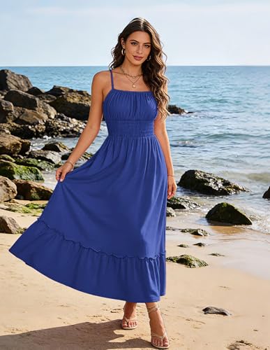 Image of GRACE KARIN Women's Summer Maxi Dress 2026,Smocked Ruched Bust Sundress with Adjustable Straps & Pockets-Beach Vacation Dress