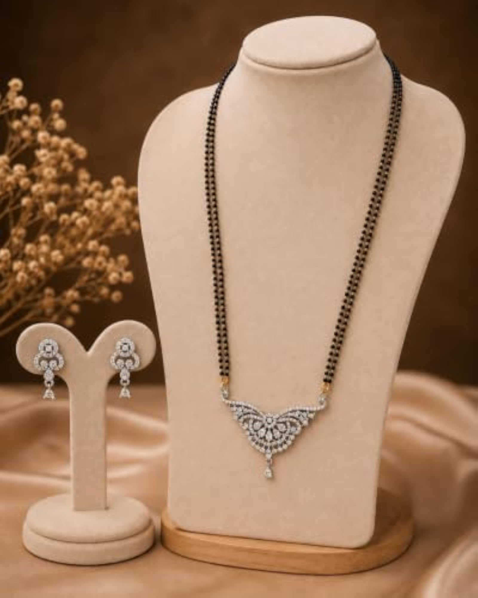 Women's Designer Black Beads Mangalsutra Set with Matching Earrings