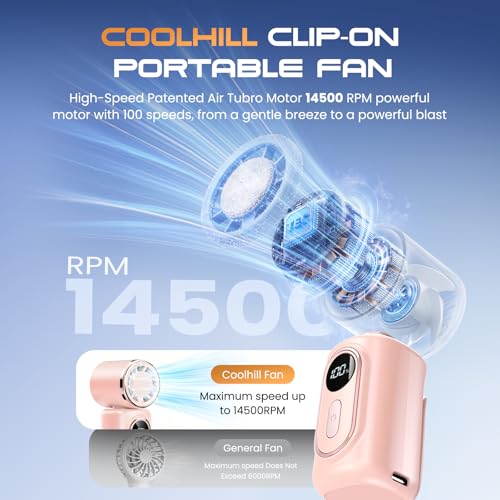 Image of Portable handheld Fan Clip-On Mini Fan 3000mAh 5-speed 180 Rotating | 14500 RPM personal fan Pocket Size USB Cooling Fan for Travel, Beach, Makeup, Office, indoor and outdoor