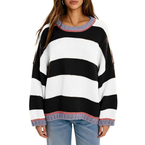 Oversized Sweaters for Women Wide Stripe Crew Neck Knit Pullover Fall Tops - image 1