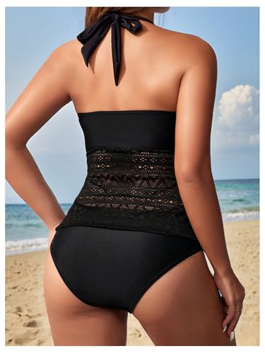 SHENHE Women's 2 Piece Hollow Out Halter Tankini Swimsuit Deep V Neck Mesh Bathing Suit2