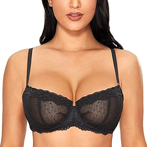 DOBREVA Women's Sexy Lace Bra Underwire Balconette Unlined Demi Sheer Plus Size Black 36DD Cover