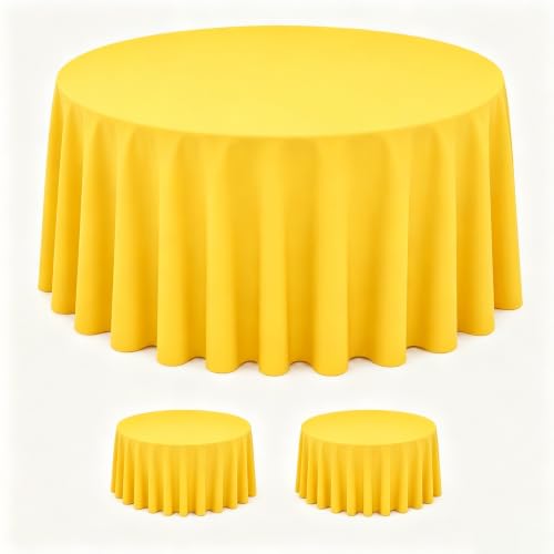 Image of WNINK 2 Pack Yellow Round Tablecloth, 84 Inch Disposable Plastic Table Covers, Yellow Round Table Cover for Birthday Parties, Holiday, Picnic, BBQ, Family Gathering Party Supplies