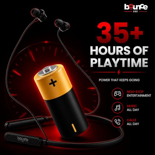 Image of Bouncefit Sonic 144 Bluetooth Wireless Neckband, 35H Continuous Playback Battery, Deep Bass, Stereo Sound, HD Calls, Type C Fast Charging, Rich Audio, Bluetooth Neckband with Mic Earphones (Black)