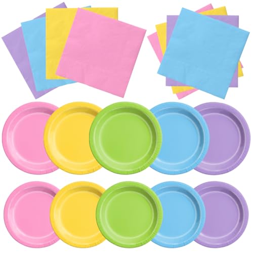 Image of CMUSKO 60Pcs Rainbow Plates and Napkins - Cute Bear Party Decoration Colorful Pastel Tableware for Birthday,Baby Shower,Wedding