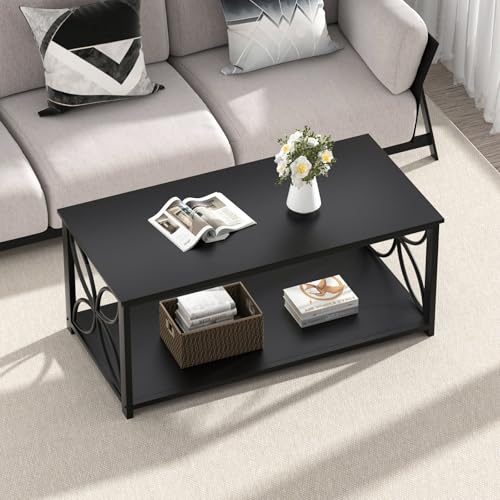 GreenForest Coffee Table for Living Room, 39 inch Small Table with Storage Shelf, Modern Center Table for Sofa Home Office, Black