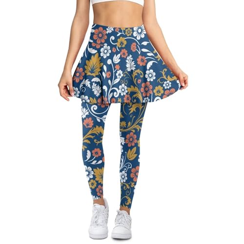 Gzzxiailg Blue Floral Womens Tummy Control Attach Skirted Legging with Pockets Stretchy Ruffle Pleated Skirt with Leggings Casual Yoga Skirted Capri Leggings
