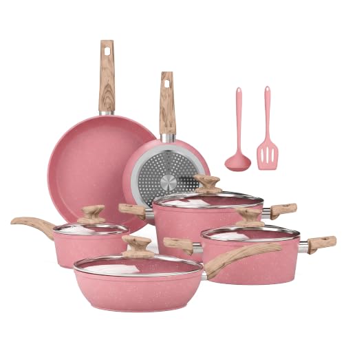 Kitchen Academy Induction Pots and Pans Set Non Stick, 12Pcs Pink Cookware | Even heating, easy to clean granite. Healthy kitchen cooking pans and pots set. 100% PFOA & PFAS free