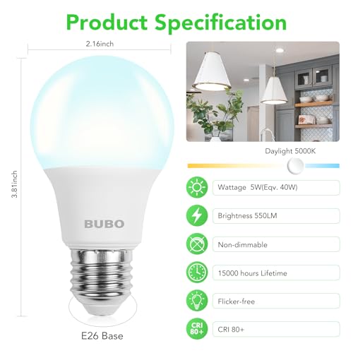 Image of BUBO A19 LED Light Bulbs, 40 Watt Equivalent LED Bulbs, Daylight 5000K, 550 Lumens, E26 Standard Base, Non-Dimmable, 5W Daylight LED Bulbs for Bedroom Living Room Home Office, 36 Pack