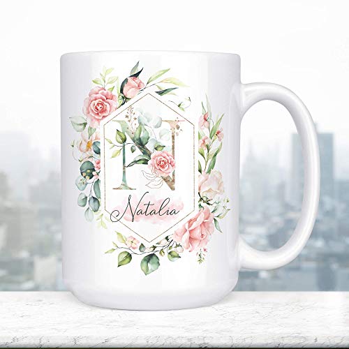 Taza de cerámica personalizada con monograma floral 11 oz miniatura 4