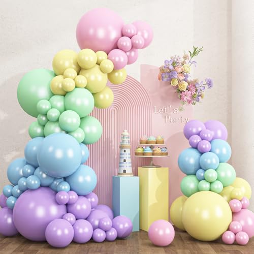 RUBFAC 135pcs Pastel Balloon Arch Kit Macaron Rainbow Latex Balloon Different Sizes 18 12 10 5 Inch for Garland Baby Shower Birthday Party Gender Reveal Garland Decoration