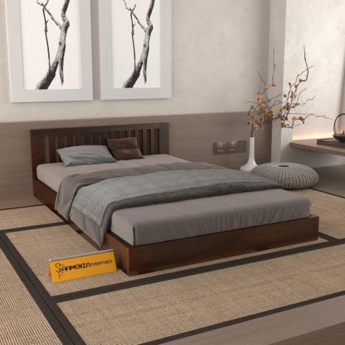 Image of Solid Sheesham Wood Single Bed Without Storage for Bedroom | Single Size Wooden Cot with Vertical Slatted Headboard & Low Footboard | Modern Platform Divan Bed (Walnut Finish)