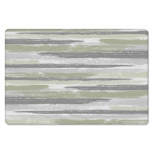 Abstract Sage Green Kitchen Bath Door Mat Cushioned Runner Rug,Washable Welcome Floor Sink Antifatigue Mat,Waterproof & Non-Slip Comfort Standing Doormat,Modern Geometric Grey White Stripe 18