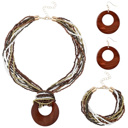 Fiada BL-FIADA-1076 4 Pcs Jewelry Set For Women Boho Necklace Earrings Bracelet Set Handmade Shell Beaded Collar Jewelry Pendant Earrings Chunky Multi Strand Statement cover